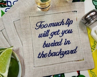 Custom Embroidered Cocktail Napkin, Our Phrases OR YOURS! Create Your Own Set of 4, 100 % Linen, Funny Personalized Napkins, Bar Decor