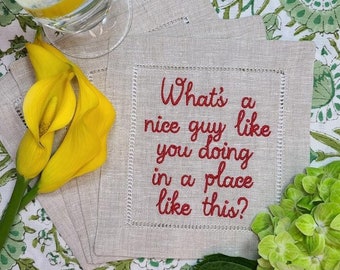 Personalized Phrase Embroidered Linen Cocktail Napkins, Your Phrases or Ours, Set of 4, Funny Napkins, Bar Humor, Custom Valentine's Gift