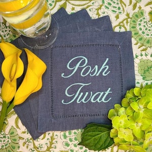 パーソナライズされたフレーズが刺繍されたリネンカクテルナプキン、あなたのフレーズまたは私たちのフレーズ、面白いナプキン、バーカート、モノグラムナプキン、ポストトゥワット
