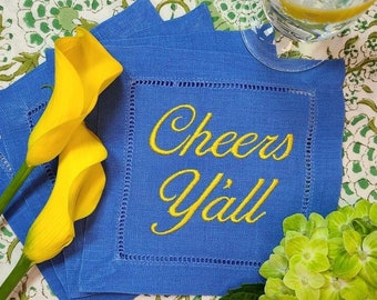 Personalized Phrase Embroidered Linen Cocktail Napkins, Your Phrases or Ours, Set of 4, Custom Linen Napkins, Cocktail Party, Cheers Y'all