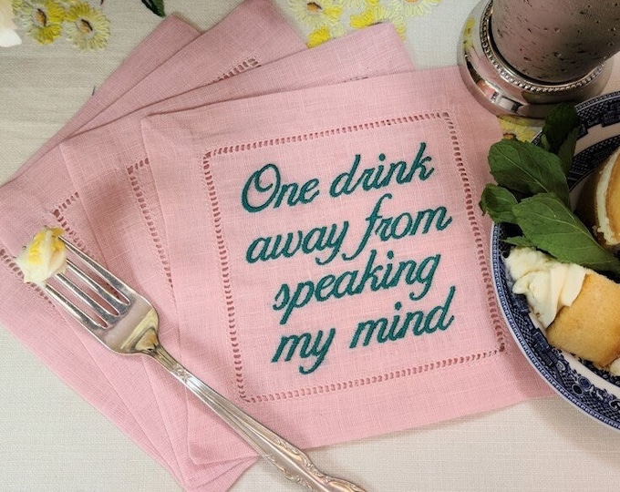 Custom Embroidered Linen Cocktail Napkins, Your Phrases or Ours, Create Your Own Set of 4, Bar Humor, Custom Wedding Gift, Monogrammed Gift