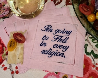 Custom Embroidered Linen Cocktail Napkins, Your Phrases or Ours, Create Your Set, Funny Napkins, Personalized Napkins, Beverage Napkins