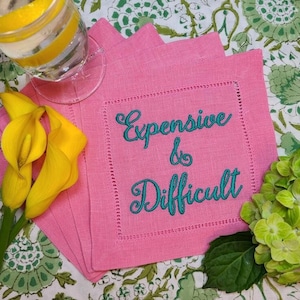 Personalisierte Phrase gestickte Leinen Cocktailservietten, Ihre Phrasen oder unsere, Bauen Sie Ihr Set, lustige Servietten, teuer und schwierig