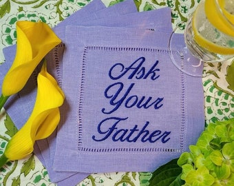 Personalized Phrase Embroidered Linen Cocktail Napkins, Your Phrases or Ours, Set of 4, Funny Napkins, Bar Cart, Cocktail Party, Custom Gift