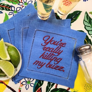 Custom Text Embroidered Linen Cocktail Napkins, Your Text or Ours, Funny Beverage Napkins, Bar Accessory, Multiple Colors & Options