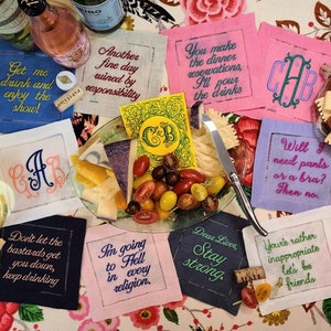 Custom Embroidered Cocktail Napkin, Our Phrases OR YOURS Create Your Set of 4, 100 % Linen, Funny Personalized Napkins, Sill The Tea Napkin image 3