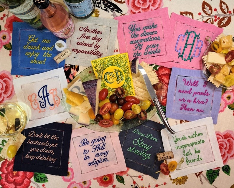 Custom Embroidered Cocktail Napkin, Our Phrases OR YOURS Create Your Set of 4, 100 % Linen, Funny Personalized Napkins, Sill The Tea Napkin image 3