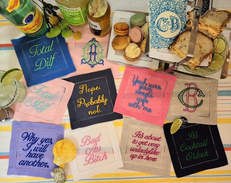 Custom Embroidered Cocktail Napkin, Our Phrases OR YOURS Create Your Set of 4, 100 % Linen, Funny Personalized Napkins, Sill The Tea Napkin image 6