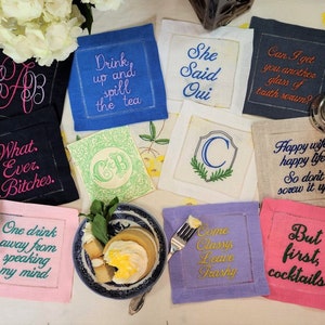 Custom Embroidered Cocktail Napkin, Our Phrases OR YOURS Create Your Set of 4, 100 % Linen, Funny Personalized Napkins, Sill The Tea Napkin image 2