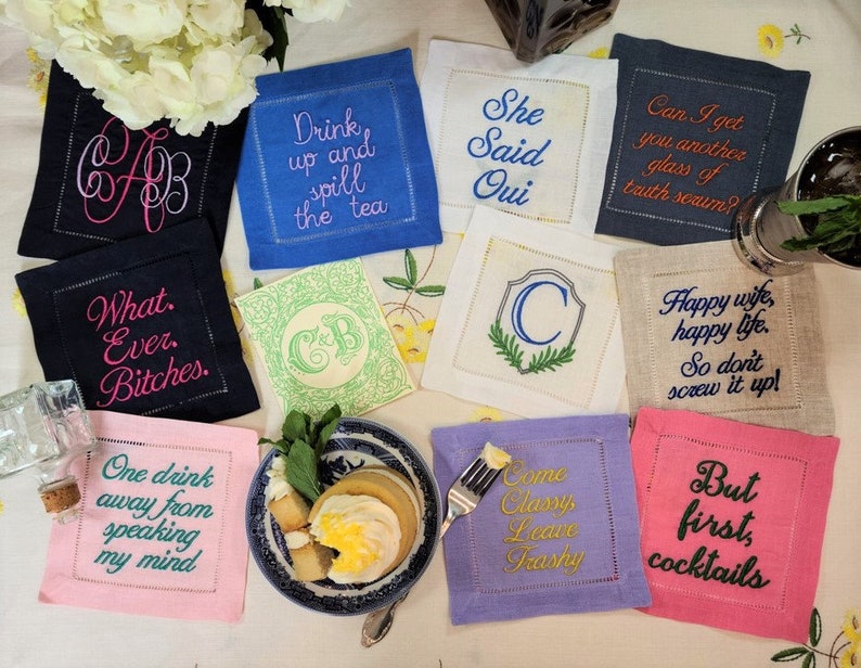 Custom Embroidered Cocktail Napkin, Our Phrases OR YOURS Create Your Set of 4, 100 % Linen, Funny Personalized Napkins, Sill The Tea Napkin image 2