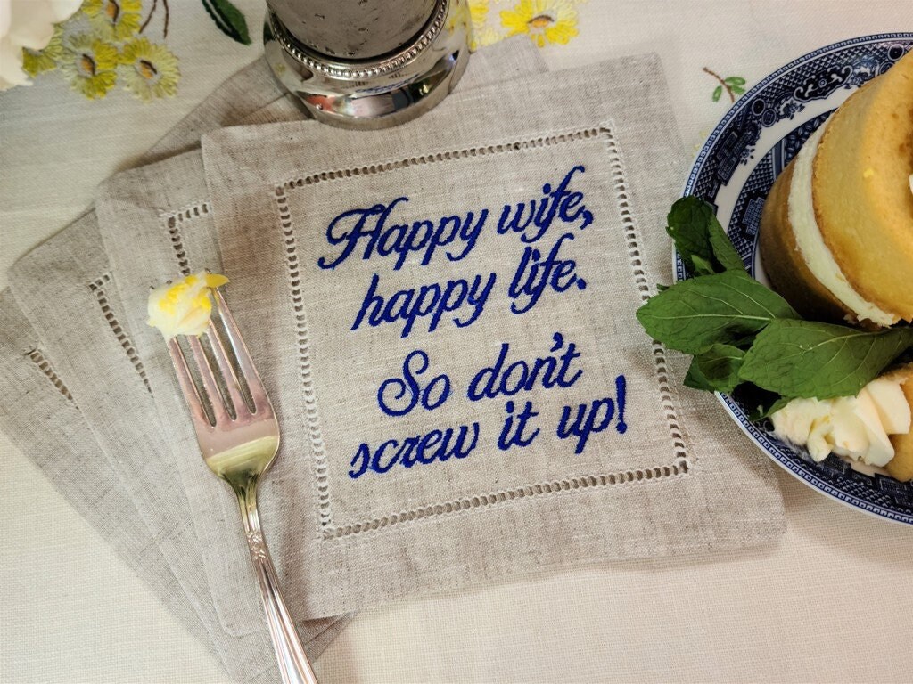 Custom Embroidered Linen Cocktail Napkins: Funny Wedding, Engagement, Party