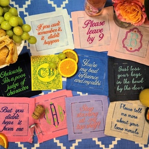 Custom Embroidered Cocktail Napkin, Our Phrases OR YOURS Create Your Set of 4, 100 % Linen, Funny Personalized Napkins, Sill The Tea Napkin image 4