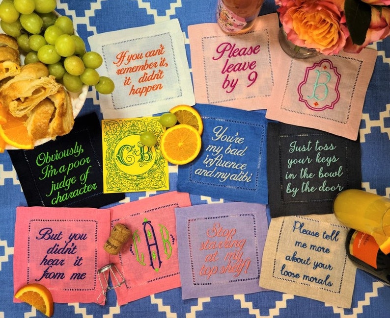 Custom Embroidered Cocktail Napkin, Our Phrases OR YOURS Create Your Set of 4, 100 % Linen, Funny Personalized Napkins, Sill The Tea Napkin image 4