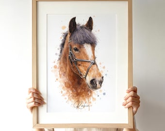 Personalised Watercolour Horse Portrait Art Print from your Photo | Birthday Gift for Pet Lovers and Custom Dog Gift