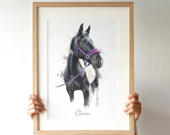 Personalised Watercolour Horse Portrait Art Print from your Photo | Birthday Gift for Pet Lovers and Custom Dog Gift