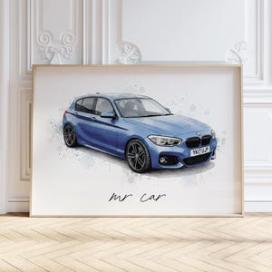 May include: A framed watercolour-style art print featuring a blue BMW 1 Series hatchback. The car is depicted in a three-quarter view with dark alloy wheels and a number plate reading YK17 UJP. Below the car, the text mr car is written in black.