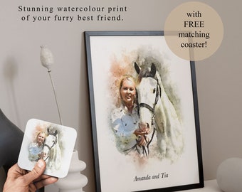 Personalised Horse Watercolour Portrait | Custom Bespoke Painted Pet Portrait | Gifts for Horse Lovers | Horse Art | Free Matching Coaster