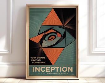 May include: Framed movie poster for the film "Inception" with a geometric design in teal, orange, and black. The poster includes the film's title and the tagline "Your dreams have no boundaries."