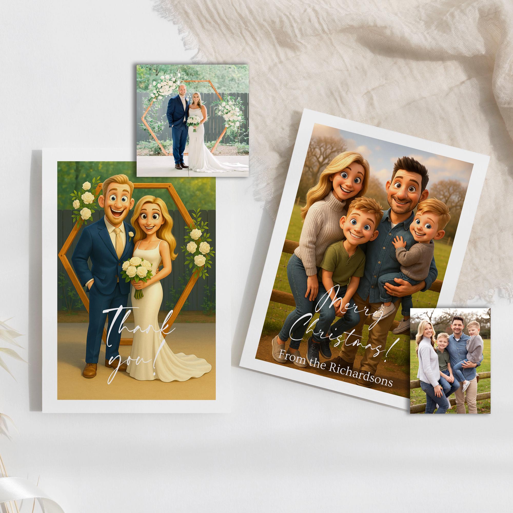 Personalised 3D Animated Cartoon Style Greeting & Thank You Wedding Cards from Your Own Photo | Great Gift for Anniversaries and Birthdays