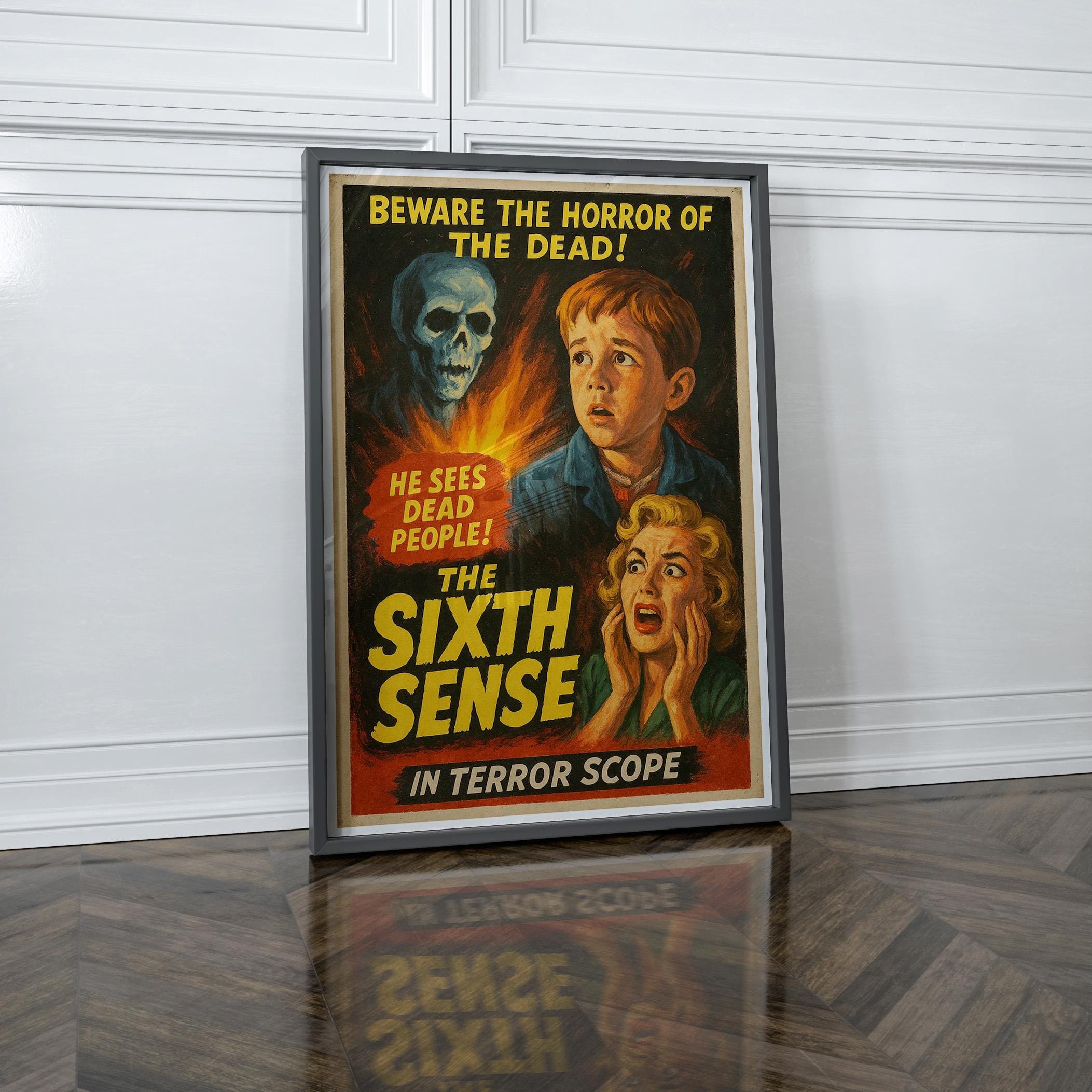 シックスセンスのアートポスター、1950 年代の B 級映画スタイルの
