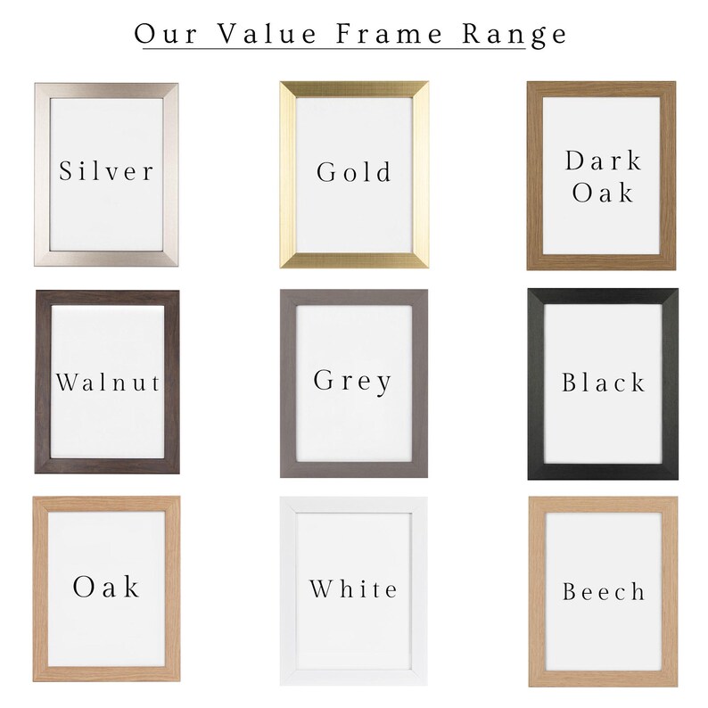 May include: Nine rectangular picture frames in various colors: silver, gold, dark oak, walnut, grey, black, oak, white, and beech. Each frame has a white interior and is labeled with its color name. The text "Our Value Frame Range" is at the top.