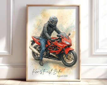 Impression d'art portrait aquarelle moto personnalisé, cadeau motard personnalisé, souvenir moto de votre photo