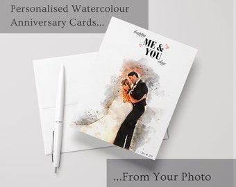 Personalised Watercolour Anniversary Portrait Card - Your Own Photo | 1st Paper Anniversary | Cards for Husbands | Unique Cards for Wives |