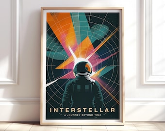 May include: Framed art print featuring an astronaut in a dark space suit, facing away from the viewer. The background showcases a vibrant burst of orange, pink, and teal geometric shapes. The word "INTERSTELLAR" is displayed below the astronaut.