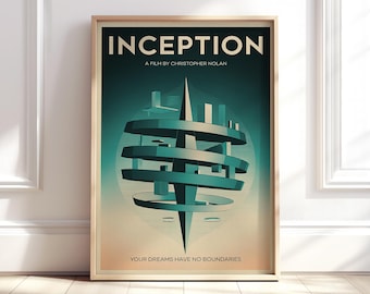 May include: Framed movie poster for the film "Inception." The poster features a teal and beige color scheme with the film's title at the top. A geometric design of interconnected rings and a central spire is the focal point. The tagline "YOUR DREAMS HAVE NO BOUNDARIES" is at the bottom.