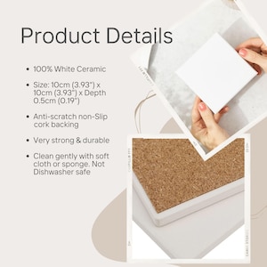 Puede incluir: Posavasos cuadrado de cer&aacute;mica blanca con respaldo de corcho. Los detalles del producto incluyen el tama&ntilde;o: 10cm (3.93") x 10cm (3.93") x Profundidad 0.5cm (0.19"). El posavasos es antiara&ntilde;azos, antideslizante, muy resistente y duradero.