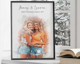 Personalised Watercolour Best Friend Photo Portrait Art | Family | Gifts For Sisters | Unique Birthday Gifts | Family Memories