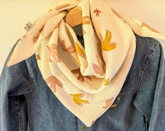 Chèche foulard bébé enfant double gaze de coton écru motif oiseaux