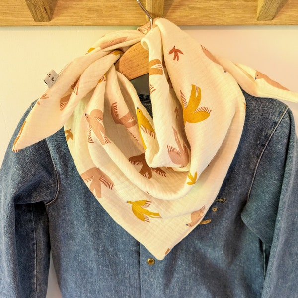 Chèche foulard bébé enfant double gaze de coton écru motif oiseaux