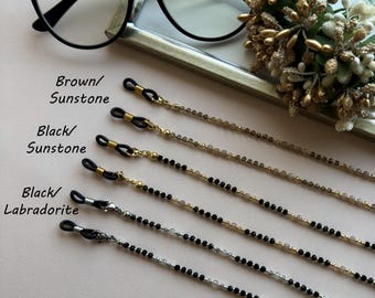 Beaded Eyeglass Chain: Sunstone, Crystal & Labradorite - Gold or Rhodium
