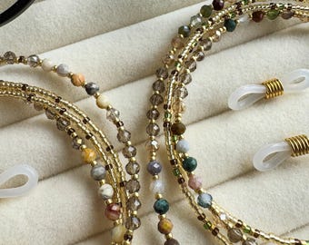 Beaded Eyeglass Chain with Agate, Natural Stone Glasses Holder Necklace for Women
