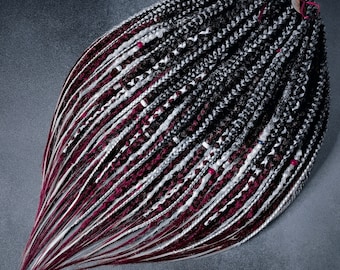 Burgundy and Silver Ombre Synthetic Dreads: Viking Braids, Boho Hair Extensions