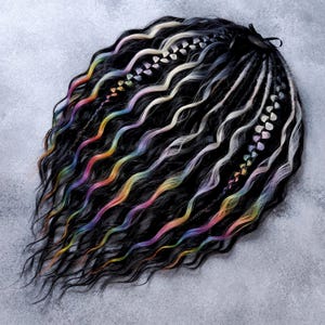 Könnte beinhalten: Schwarze, gewellte Haarverlängerungen mit Strähnen in Regenbogenfarben und weißen Akzenten. Die Extensions sind mit einem geflochtenen Abschnitt oben und einem schwarzen Band versehen. Das Haar hat ein strukturiertes, gekräuseltes Aussehen.