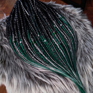 Emerald green viking synthetic dreads extensions gray boho ombre double ended or single ended dreadlocks with accent of braids