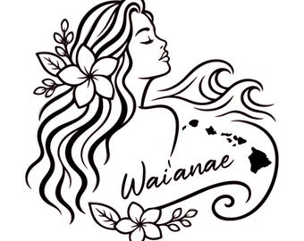 Calcomanía personalizada de mujer hawaiana / Adhesivo de vinilo personalizado con nombre de ciudad / Calcomanía de chica polinesia para coche / Adhesivo para ventana/portátil estilo isleño