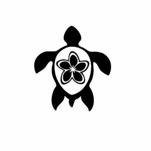 May include: Black and white silhouette of a turtle with a flower on its shell.