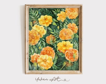 Marigolds Floral Watercolor Digital Wall Art, Spring Floral Wall Art Printable, Flower Garden Illustration Wall Art, Marigolds illustration