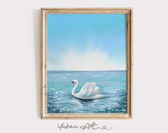 Swan at the sea watercolor wall art printable, Beach Wall Art, Ocean Wall Art , Seascape Illustration, Swan Illustration