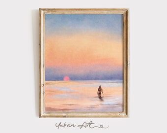 Sunset Beach Watercolor Wall Art Printable, Summer Beach Wall Art, Swimming girl Wall Art , Seascape Illustration