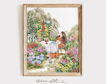 Woman in the garden Wall Art Printable, Flower Garden Digital Wall Art, Colorful Flower Illustration Wall Art, Botanical Wall Garden Art