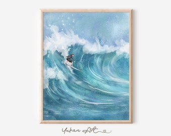 Aerial Surfing Watercolor Wall Art Printable, Surfers Illustration, Surfers Painting, Surfing Beach Wall Art, Coastal Wall Art Printable