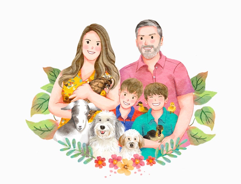 Custom Digital Watercolor Portrait, Custom Portrait, Custom Family Portrait Illustration, Personalised Family Portrait, Cartoon Portrait image 3