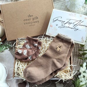 May include: A gift box from "the cosy gift company" containing a pair of brown socks with a bear design, a pair of baby socks with a bear pattern, and a card that reads "Growing Tiny Humans is Exhausting...".