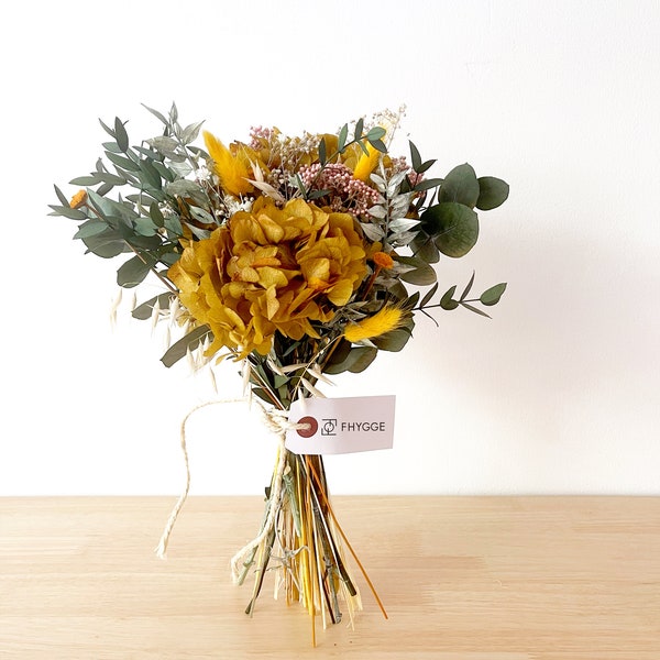 Bouquet stabilizzato - Composizione di fiori stabilizzati ocra e arancio, decorazione da tavola bohémien per matrimoni estivi o casa