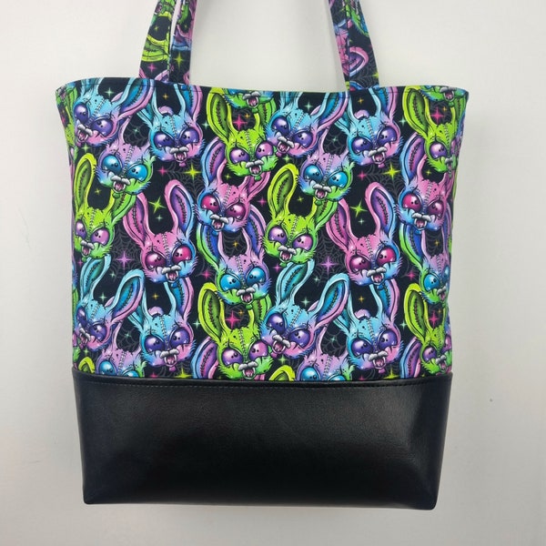 Zombie Bunny tote bag, teen college A4 cotton canvas, faux leather bag, handbag, women ladies style, handmade shoulder bag, gothic, punk