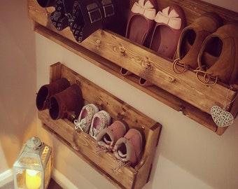 Rustic shoe storage idea reclaimed wooden wall mounted shoe rack entry way shlef